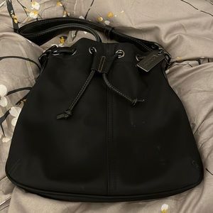 COACH Black Metro Nylon & Leather Drawstring Pouch Crossbody Handbag Purse